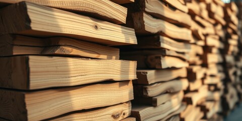 Naklejka premium Close-up view of neatly stacked lumber, showcasing the natural grain and texture of the wood