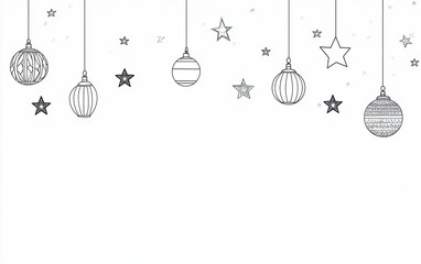 Vector line art background with hanging lanterns and stars for Ramadan Kareem celebration, Islamic holiday card template design with white space on top.