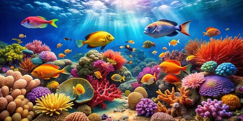Vibrant Tropical Fish Panoramic Clipart with Copy Space for Text