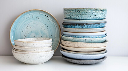 stack of ceramic plates and bowls with speckled designs in neutral and blue tones