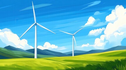 Fototapeta premium Two wind turbines stand in a vibrant green landscape under a bright blue sky, symbolizing renewable energy and sustainable living.