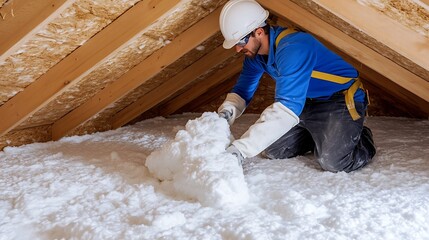 Worker installing attic insulation