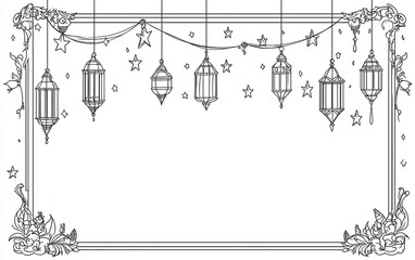 Obraz premium Vector line art background with hanging lanterns and stars for Ramadan Kareem celebration, Islamic holiday card template design with white space on top.