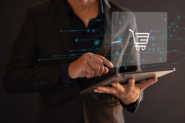 Sales growth, businessmen holding a chart, showing the increase in sales of shopping carts on the...