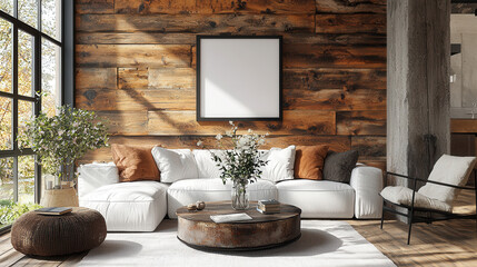 Rustic Living Room Mockup: A stylish and modern living room interior design with a rustic wooden wall, featuring a large blank frame perfect for showcasing artwork or designs.