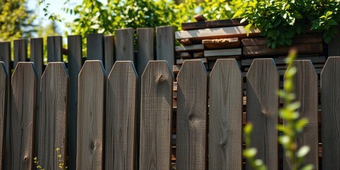 Naklejka premium Rustic Wooden Fence Detail Natural Wood Texture and Vertical Lines in a Garden Setting