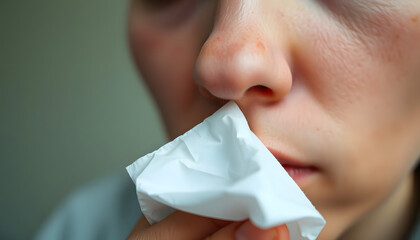 Young man blowing his nose, flu indication