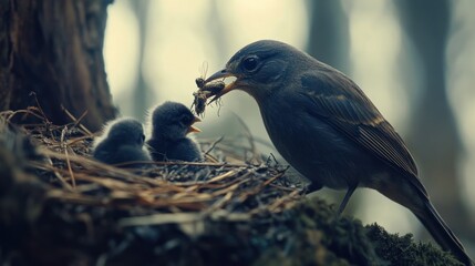 Obraz premium Bird feeding chicks in forest nest, nature background
