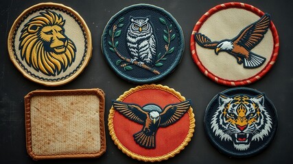 Collection of embroidered wildlife patches featuring a lion, owl, eagle, and tiger, plus a blank patch