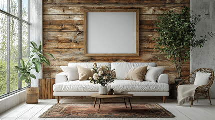 Rustic Chic Living Room:  A cozy and inviting living room with a white sofa and large framed artwork hanging on a rustic wood panel wall.  The space is accented with plants, a coffee table.