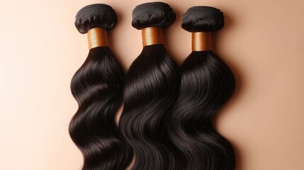 Three bundles of black body wave hair extensions.