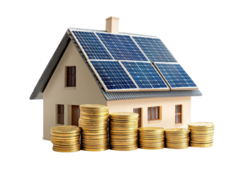 Isolated House with Solar Panels and Coins