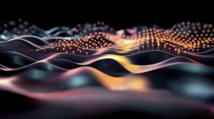 Abstract wavy patterns with glowing dots in dark background