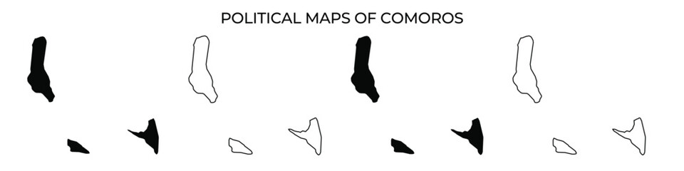 Several political maps illustrate the changing borders of Comoros islands. Each map highlights significant shifts in territory and governance during various periods.