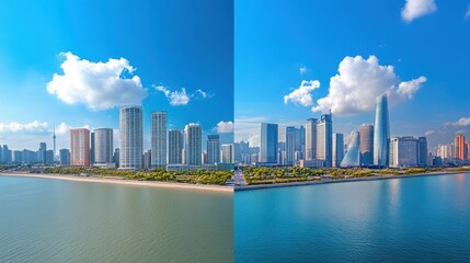 Obraz premium Aerial View of a Modern City Skyline with Skyscrapers and Blue Sky Reflecting on the Water Under a Bright Sun in a Vibrant Urban Landscape