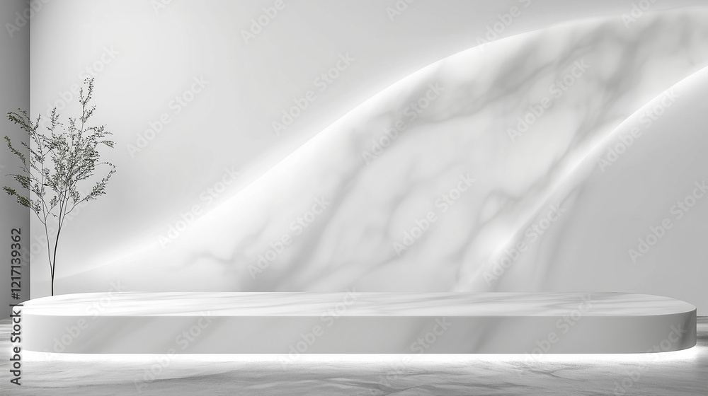 Poster minimalist modern interior with white marble countertop and subtle gray veining, light gray wall wit