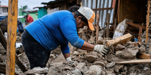 Woman Sorting Rubble in Debris Field