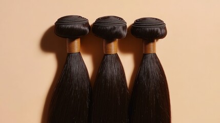 Three bundles of straight black human hair extensions on beige background.