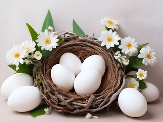 photo happy easter day painted eggs in the basket