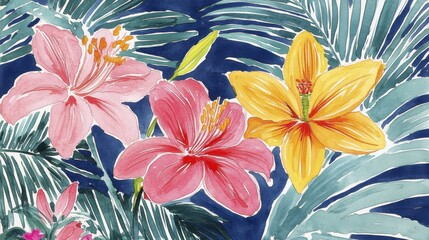 Vibrant tropical flowers with lush green leaves on deep blue background