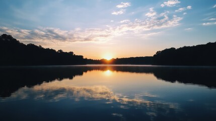 Fototapeta premium Serene sunset over a tranquil lake reflecting the sky and trees, evoking peace and nature