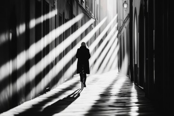 A character frantically running down an alley, glancing back at an unseen pursuer, their shadow stretching long behind them