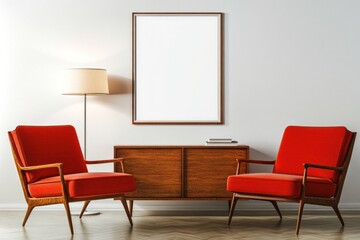 Mid-century modern living room with red chairs, wooden cabinet, and blank frame.
