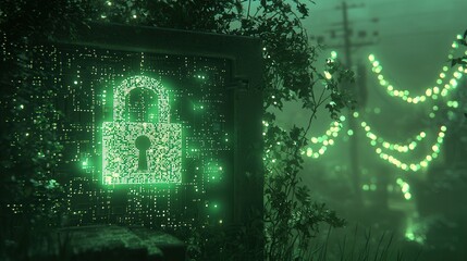 AI cloud backup and storage data protection. A glowing green lock symbol amidst a misty, illuminated landscape, surrounded by nature and soft, ambient lighting.
