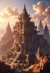 Naklejka premium Grandiose temple perched atop a wispy cloud base, its tiered spires and facades radiating warm light as the sun dips below the horizon, floating temple, sacred spot
