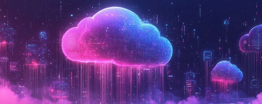 AI cloud backup and storage data protection. A vibrant, digital cloud emits colorful rays against a dark backdrop, symbolizing technology and data flow in a futuristic landscape.