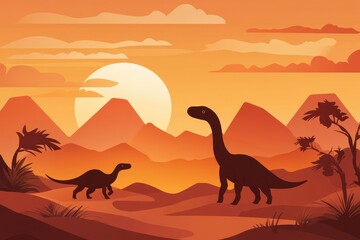 Fototapeta premium Serene Dinosaur Scene in a Vibrant Sunset Landscape Featuring Two Majestic Creatures Against a Backdrop of Mountains and Lush Vegetation
