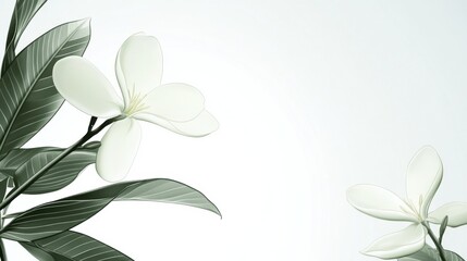 Elegant white plumeria flowers with lush green leaves on a tranquil background