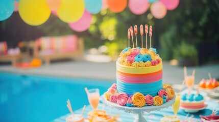 Colorful birthday cake at a poolside party.