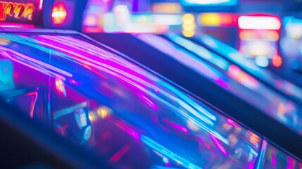 Obraz premium Vintage arcade museum with glowing neon-lit retro gaming machines, focusing on a single classic arcade cabinet. Nostalgic gaming and retro entertainment concept.