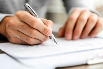 A close-up of a person fidgeting with a pen during a tense job interview, their hands trembling slightly