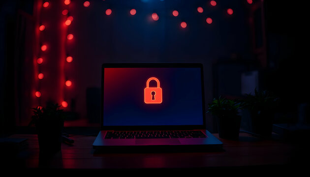 Dark workspace, glowing laptop screen, cybersecurity concept, red padlock icon, string lights, potted plant, moody atmosphere, low-key lighting, digital privacy, hacker aesthetic, nighttime office, ne