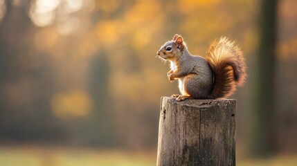 Obraz premium Squirrel perched on a wooden stump amidst a vibrant autumn forest setting, capturing nature's beauty