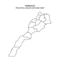 A detailed political outline map of Morocco displays the countrys regions and administrative boundaries. The clear lines help visualize the geographic divisions within Morocco.