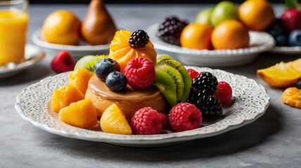 A Delectable Display of Artisan Fruit Tarts and Cheesecake, Showcasing an Array of Fresh Berries and Vibrant Citrus Fruits for a Sweet Exquisite