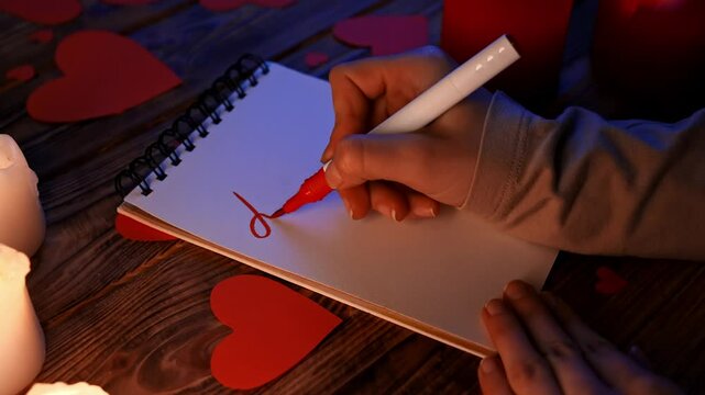 Close up of wooden table with lighted candles and red paper hearts scattered on the surface, woman hand writing text I love you on empty page in spiral notebook.