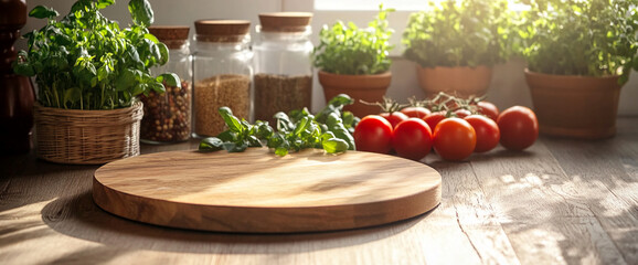 Wooden Kitchen Counter with Fresh Tomatoes, Basil, and Herbs in Sunlit Setting