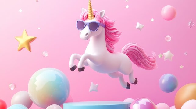 Cute unicorn wearing sunglasses leaps over pastel spheres.
