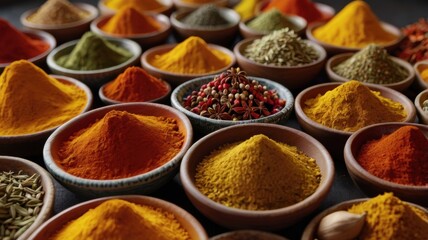 A Colorful Assortment of Spices in Elegant White Bowls: Discover the Aromatic Flavors of Culinary Delights for Cooking and Food