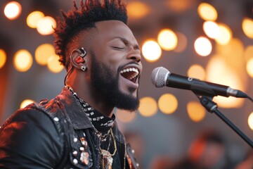 A confident musician performing on stage, their eyes closed and a genuine smile as they connect with their audience