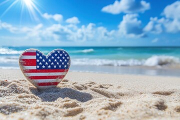 Heart Shaped Rock with American Flag on Beach Sand with Turquoise Water and Blue Sky in Background, Symbolizing Love for America and Nature's Beauty