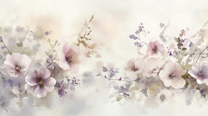 Soft watercolor florals in pastel tones, subtly scattered across a pale grayish-white background,