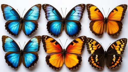 Six vibrant butterflies, studio shot, white background, nature collection