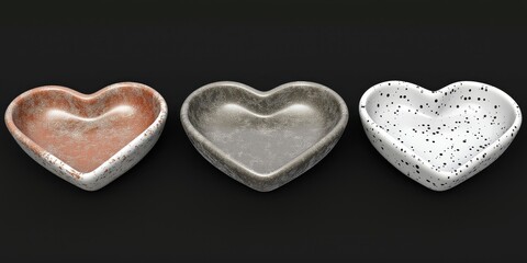 Obraz premium Three textured heart-shaped bowls on black background