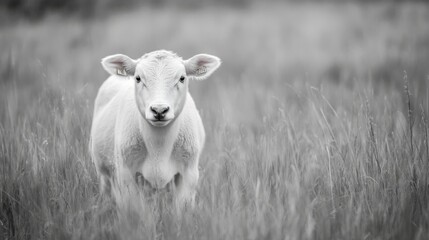A curious calf stands in a grassy field, surrounded by a serene countryside landscape
