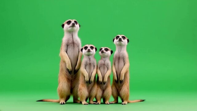 Four meerkats standing, green screen background, wildlife photography, advertising